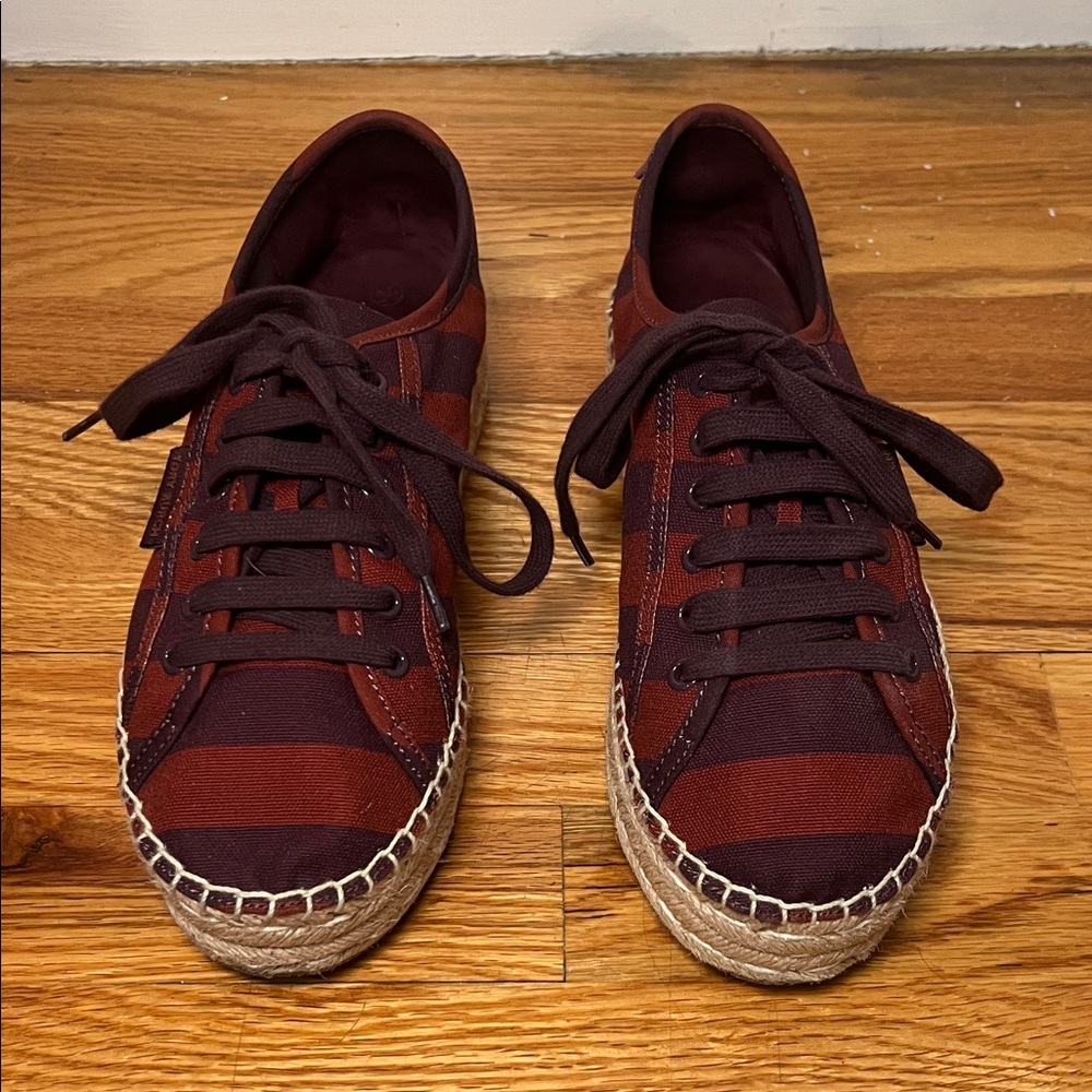 Tory Burch Burgundy Striped Espadrilles